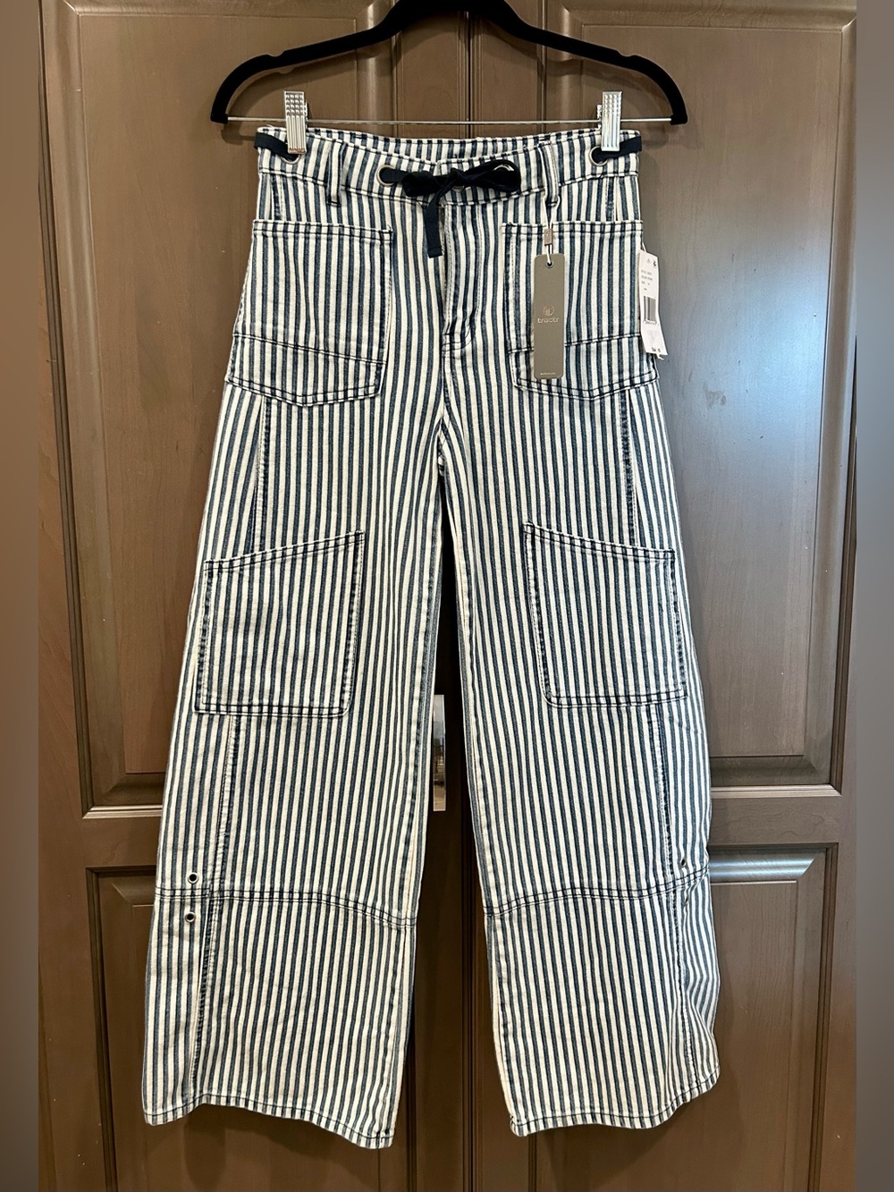 Tractr Big Girls* Grommet Waist Patched Barrel Pants in Blue/White, Size 14, NWT